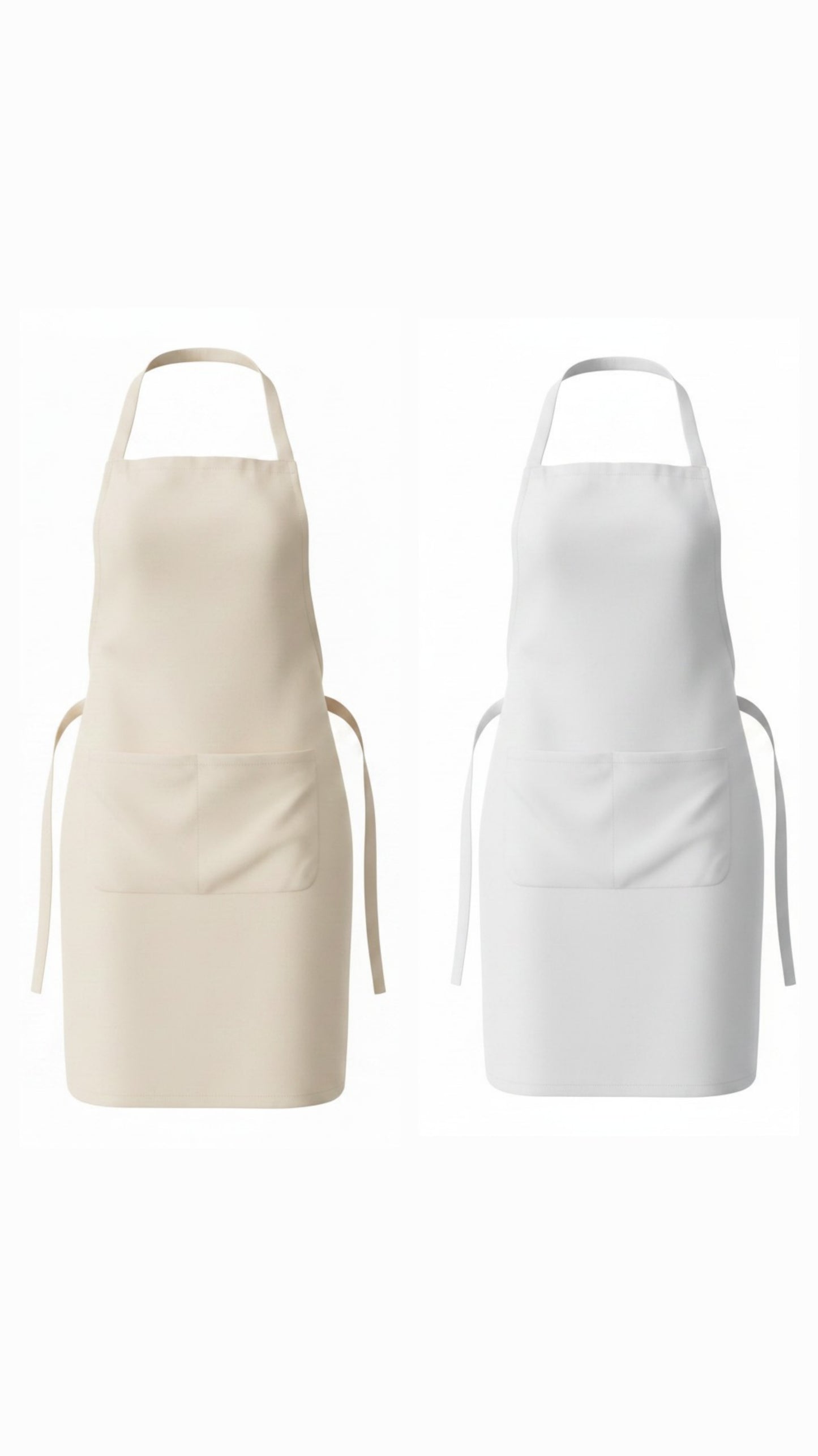 Two aprons, one beige and one white, on a white background