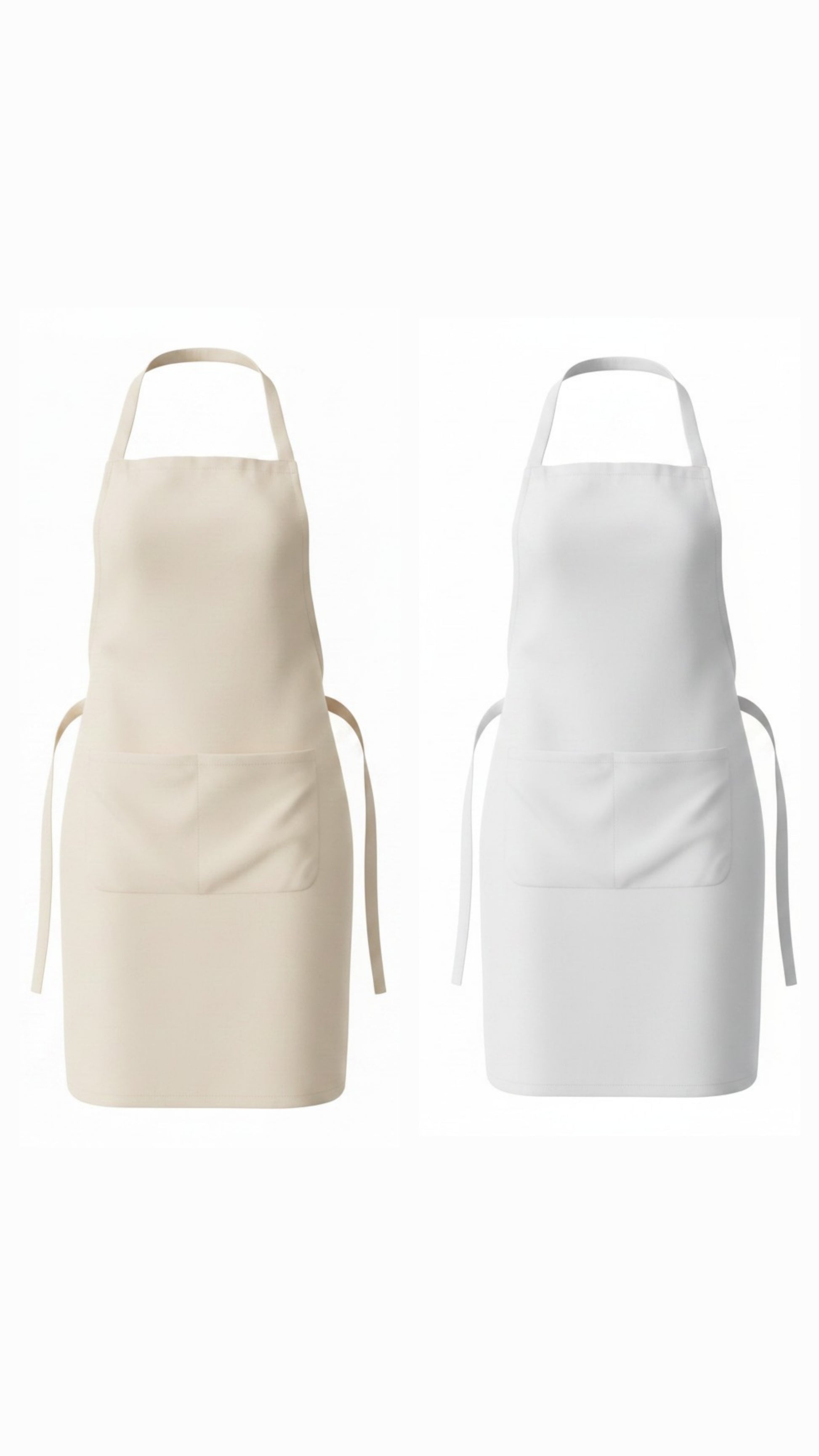 Two aprons, one beige and one white, on a white background