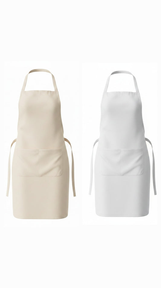 Two aprons, one beige and one white, on a white background